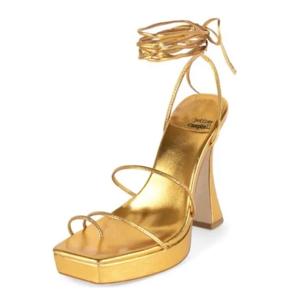 Jeffrey Campbell Heels Strappy Platform Ankle Wrap Primadonna Night Out Y2K Gold