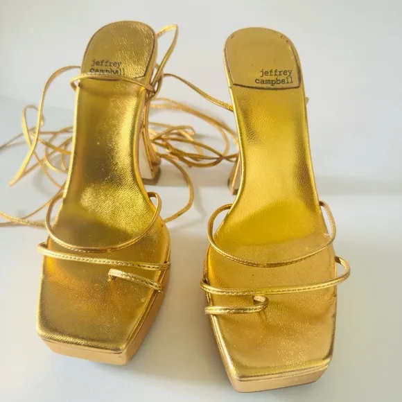 Jeffrey Campbell Heels Strappy Platform Ankle Wrap Primadonna Night Out Y2K Gold