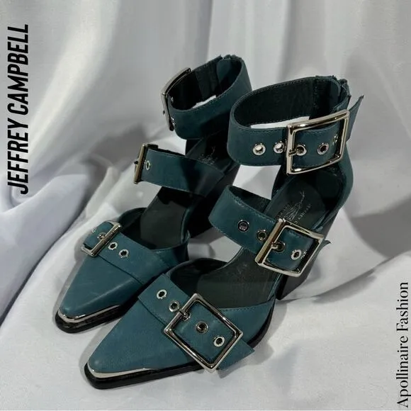 JEFFREY CAMPBELL HENDRIX HEELS BUCKLED IN BLUE GREEN LEATHER SIZE 7 &amp; 8