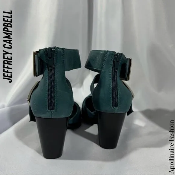 JEFFREY CAMPBELL HENDRIX HEELS BUCKLED IN BLUE GREEN LEATHER SIZE 7 &amp; 8