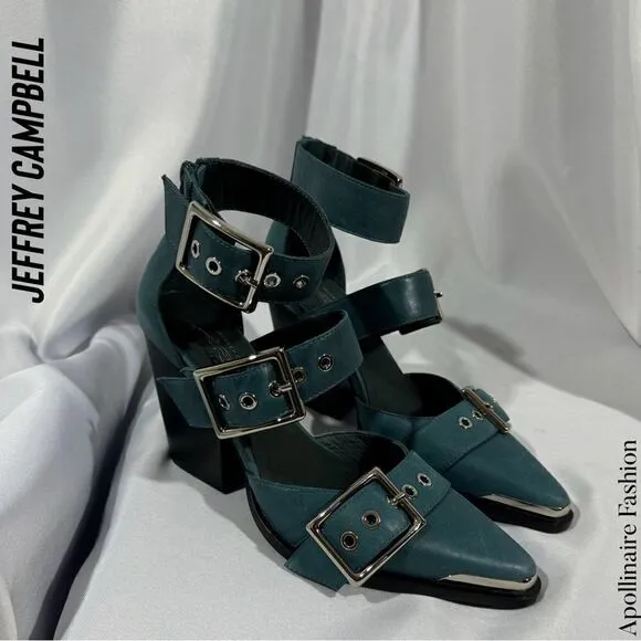 JEFFREY CAMPBELL HENDRIX HEELS BUCKLED IN BLUE GREEN LEATHER SIZE 7 &amp; 8