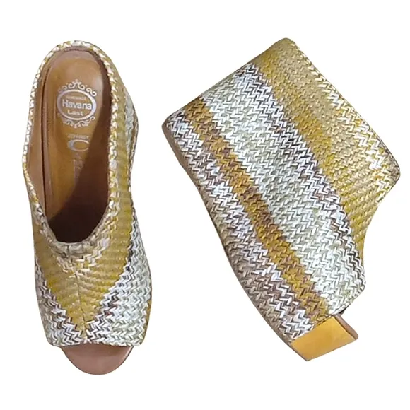 Jeffrey Campbell Virgo Wedge Platform Mules Woven Raffia Peeptoe
