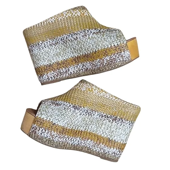 Jeffrey Campbell Virgo Wedge Platform Mules Woven Raffia Peeptoe