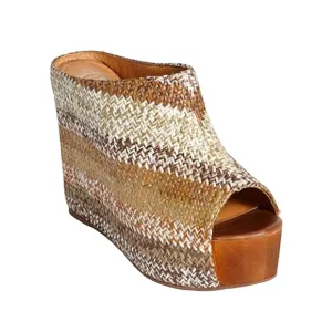 Jeffrey Campbell Virgo Wedge Platform Mules Woven Raffia Peeptoe