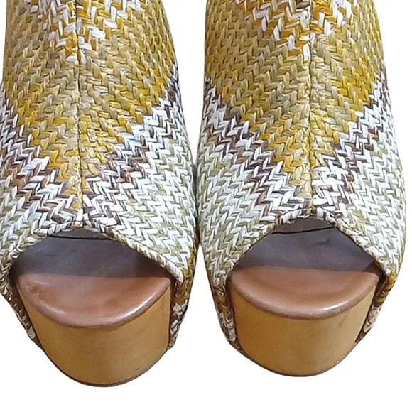 Jeffrey Campbell Virgo Wedge Platform Mules Woven Raffia Peeptoe