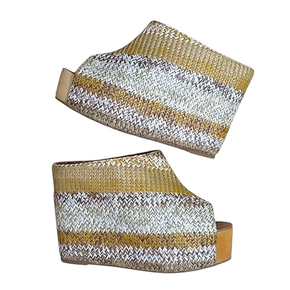 Jeffrey Campbell Virgo Wedge Platform Mules Woven Raffia Peeptoe