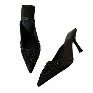 Jeffrey Campbell Vivanna Black Satin Jeweled Pointed Toe Mule Spool Heels Sz 6.5