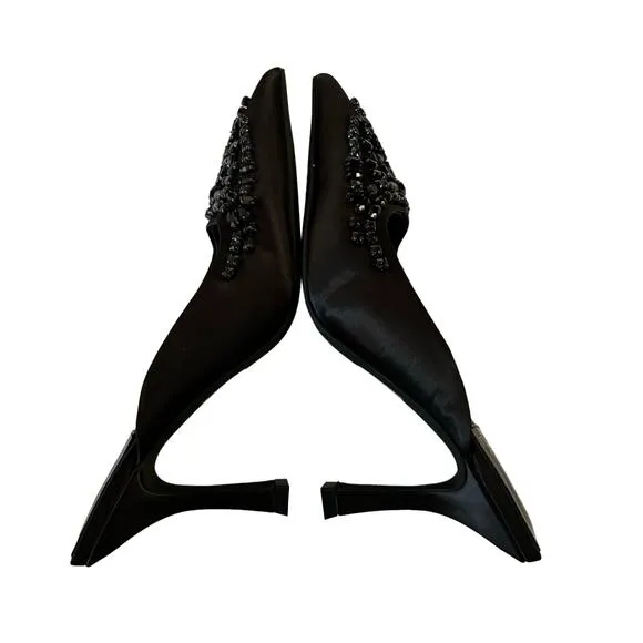 Jeffrey Campbell Vivanna Black Satin Jeweled Pointed Toe Mule Spool Heels Sz 6.5