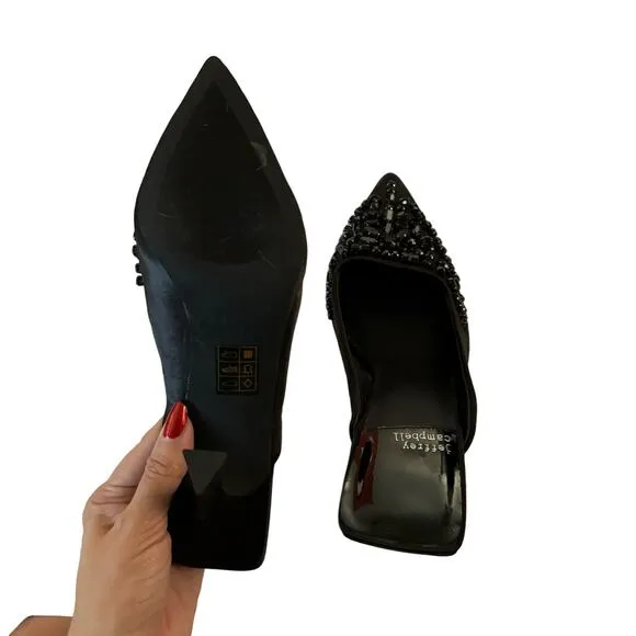 Jeffrey Campbell Vivanna Black Satin Jeweled Pointed Toe Mule Spool Heels Sz 6.5