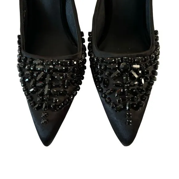 Jeffrey Campbell Vivanna Black Satin Jeweled Pointed Toe Mule Spool Heels Sz 6.5