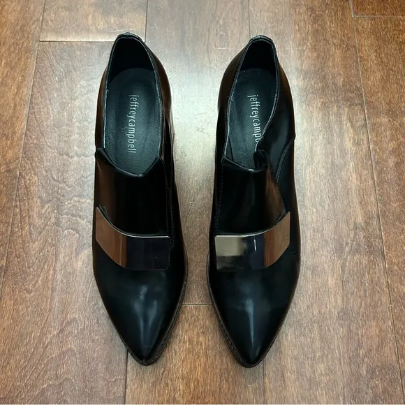 Jeffrey Campbell Wilhelm Box Silver Black Heeled Loafers, Pointed Toes, Size 8