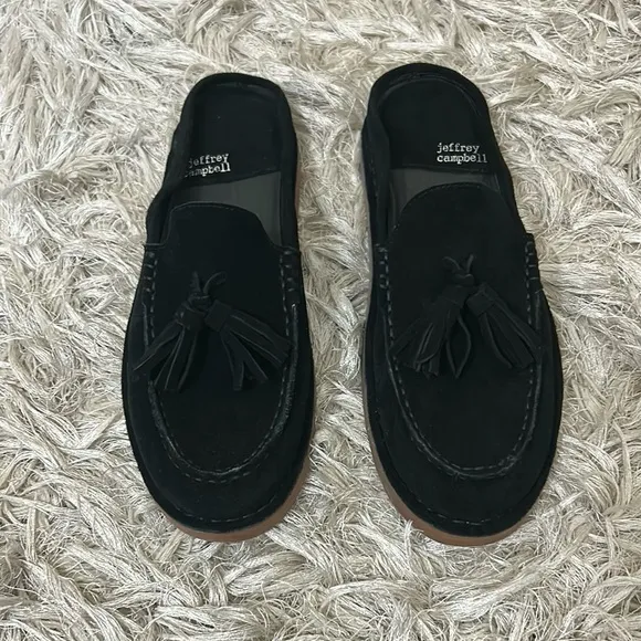 Jeffrey Campbell Wrkathome Tassel Slip-On Mules In Black Suede size 6
