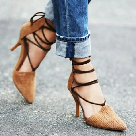 Jeffrey Campbell x Free People Berlin Boho Tan Suede Wrap Heels Women's Size 9