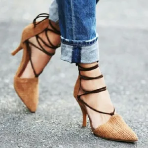 Jeffrey Campbell x Free People Berlin Boho Tan Suede Wrap Heels Women's Size 9
