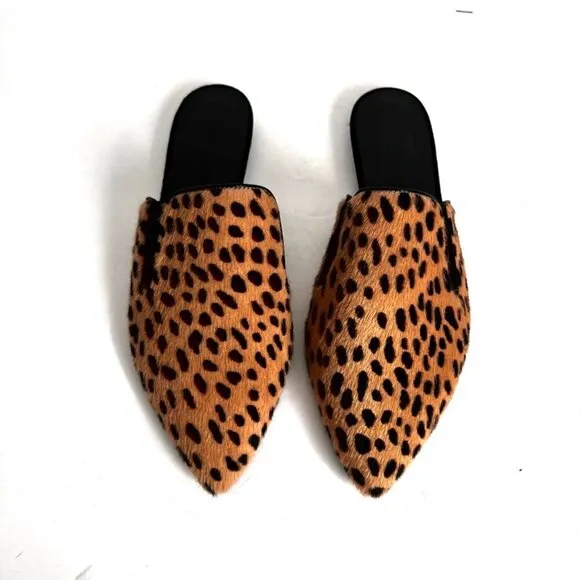 Jenni Kayne Pony Hair Pointed Toe Cheetah Print Mules