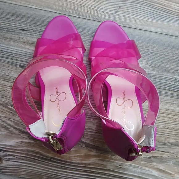 Jessica Simpson Pink Translucent Strappy Stiletto Heels Zip Back Dysti Easter