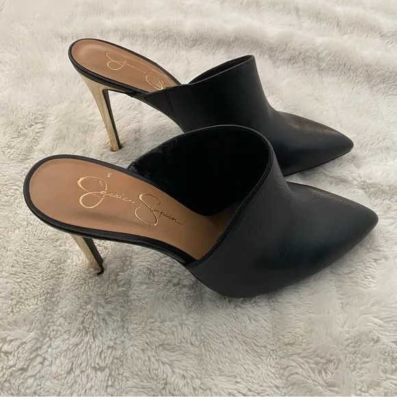Jessica Simpson Pointy Toe Mules Heels Black Gold Size 11