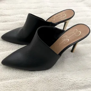 Jessica Simpson Pointy Toe Mules Heels Black Gold Size 11