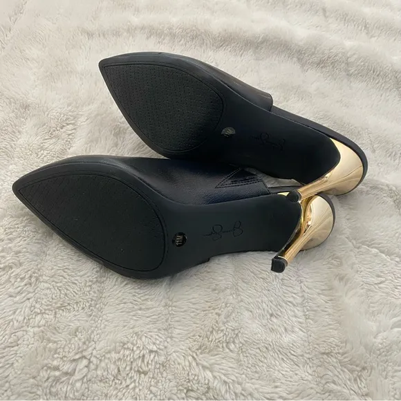 Jessica Simpson Pointy Toe Mules Heels Black Gold Size 11