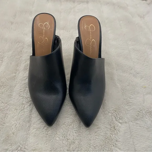 Jessica Simpson Pointy Toe Mules Heels Black Gold Size 11