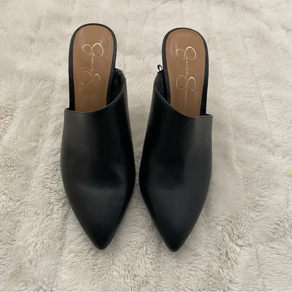 Jessica Simpson Pointy Toe Mules Heels Black Gold Size 11