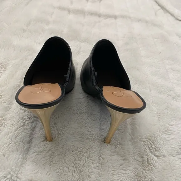 Jessica Simpson Pointy Toe Mules Heels Black Gold Size 11