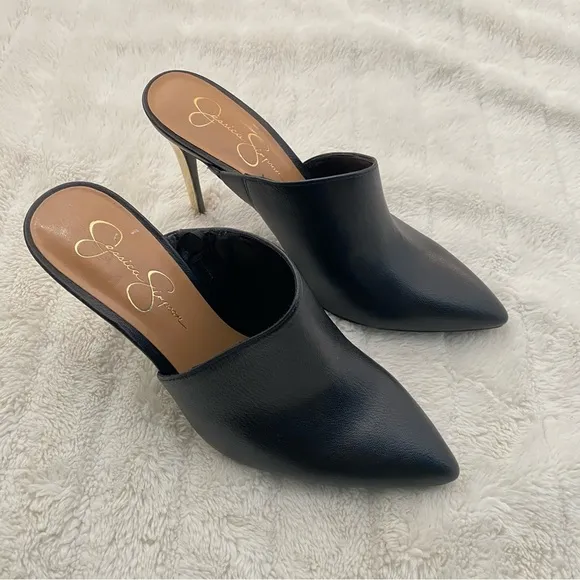 Jessica Simpson Pointy Toe Mules Heels Black Gold Size 11