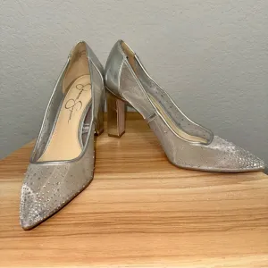 Jessica Simpson Sequin Mesh Silver Metallic Pointed Toe Block Heels Sz 8