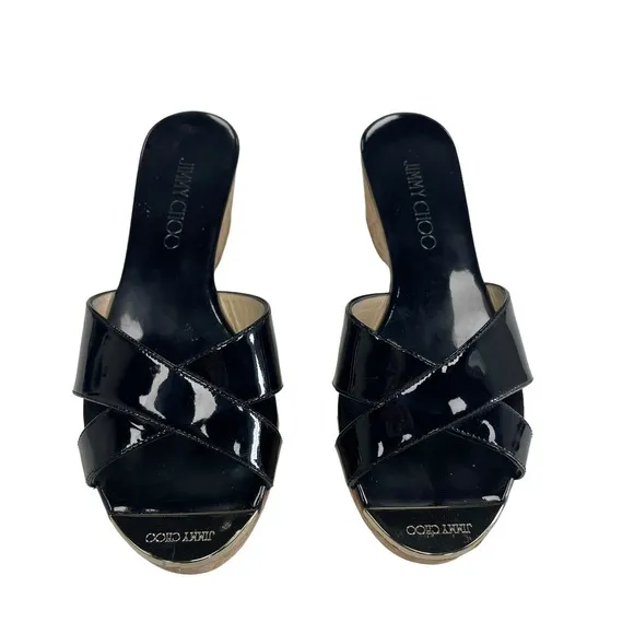 Jimmy Choo Black Patent Leather Panna Cork Wedge Mules Size 36 / US 6