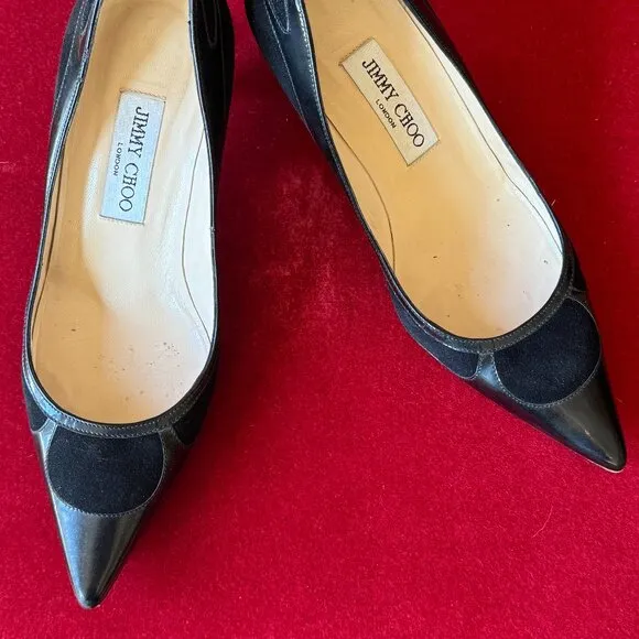 Jimmy Choo Black Suede and Patent Leather Pointed Toe Pumps Size