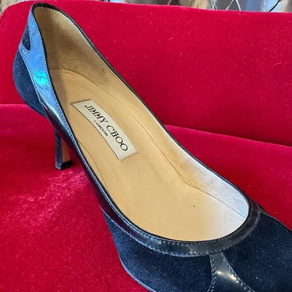 Jimmy Choo Black Suede and Patent Leather Pointed Toe Pumps Size