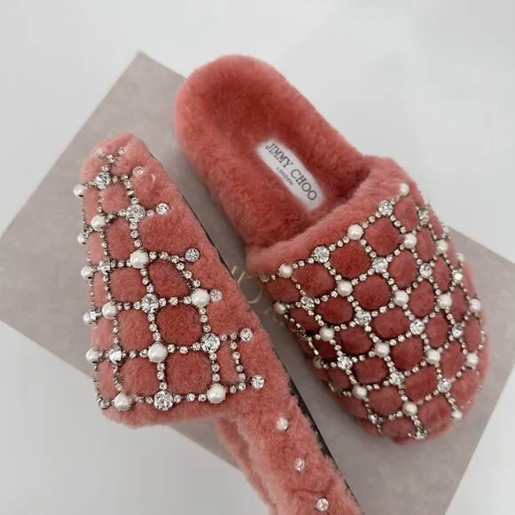 Jimmy Choo Crystal Blush Pearl Shearling Mules Size 6 NWT