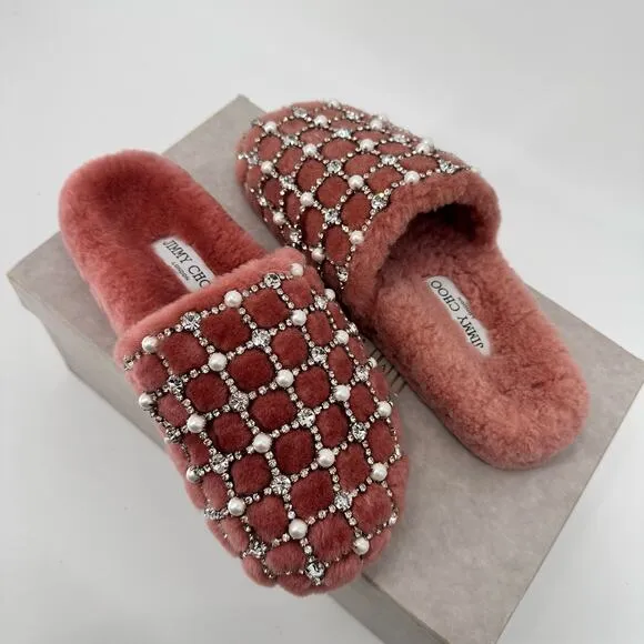 Jimmy Choo Crystal Blush Pearl Shearling Mules Size 6 NWT