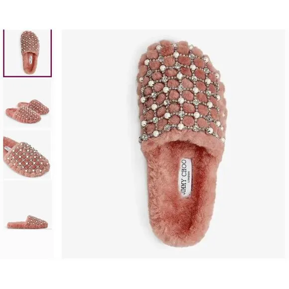Jimmy Choo Crystal Blush Pearl Shearling Mules Size 6 NWT