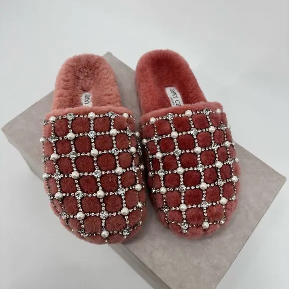 Jimmy Choo Crystal Blush Pearl Shearling Mules Size 6 NWT