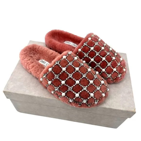 Jimmy Choo Crystal Blush Pearl Shearling Mules Size 6 NWT