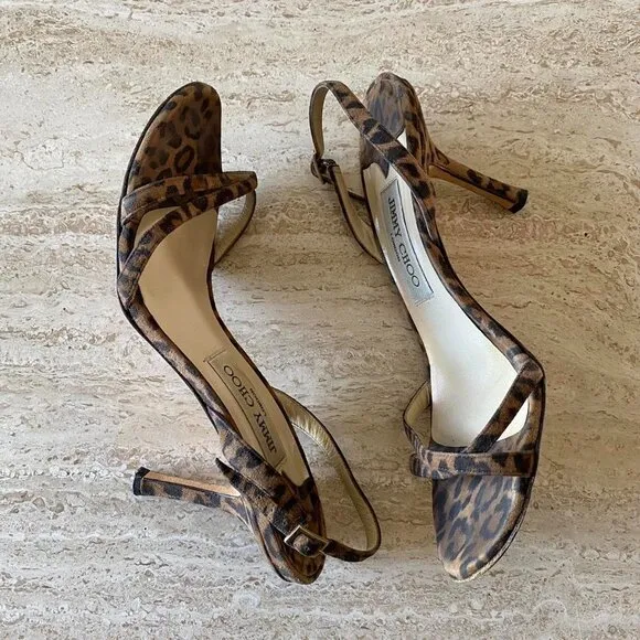 Jimmy Choo leopard suede strappy slingback sandal heels