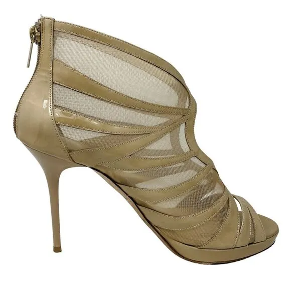Jimmy Choo Nude Neutral Patent Leather Mesh Ankle Zip Cage Heels size 38 / US7.5