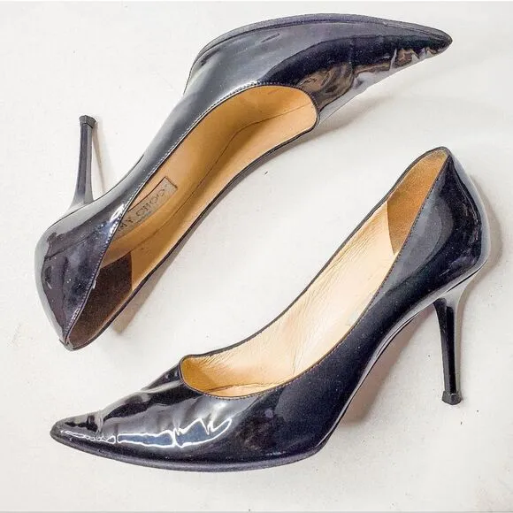 Jimmy Choo Romy Black Patent Leather Stiletto Pointed Toe Heels Pumps Sz 38.5 8