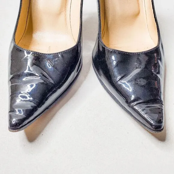 Jimmy Choo Romy Black Patent Leather Stiletto Pointed Toe Heels Pumps Sz 38.5 8