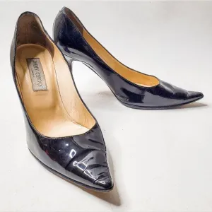 Jimmy Choo Romy Black Patent Leather Stiletto Pointed Toe Heels Pumps Sz 38.5 8