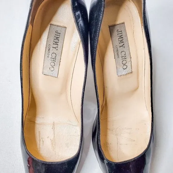 Jimmy Choo Romy Black Patent Leather Stiletto Pointed Toe Heels Pumps Sz 38.5 8