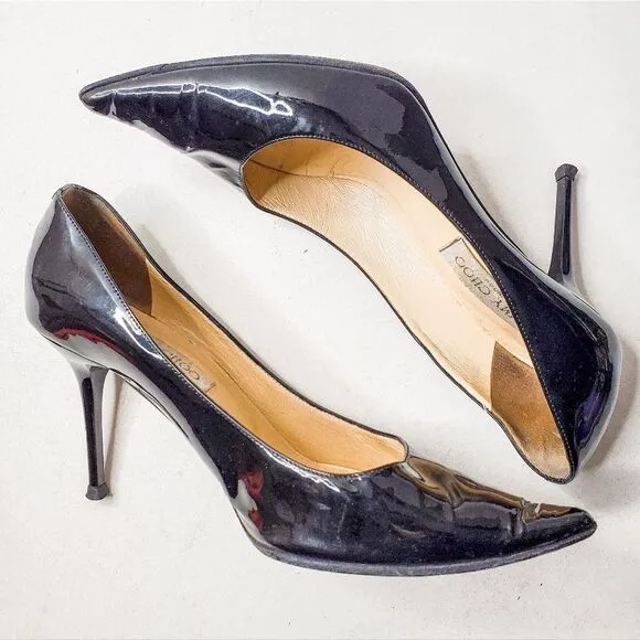 Jimmy Choo Romy Black Patent Leather Stiletto Pointed Toe Heels Pumps Sz 38.5 8