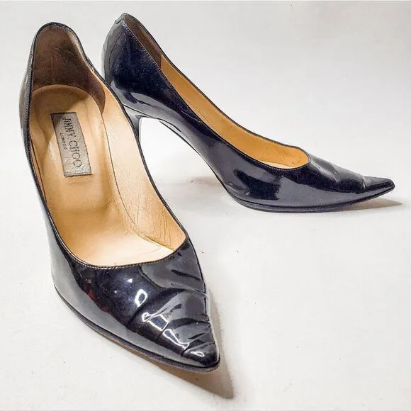 Jimmy Choo Romy Black Patent Leather Stiletto Pointed Toe Heels Pumps Sz 38.5 8