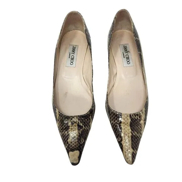 Jimmy Choo Snakeskin Embossed Leather Amelia Low Pumps Pointed Toe Kitten Heels