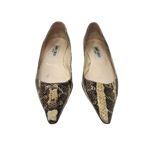 Jimmy Choo Snakeskin Embossed Leather Amelia Low Pumps Pointed Toe Kitten Heels