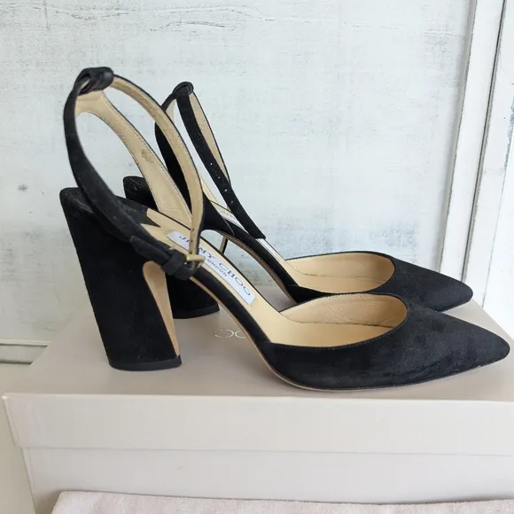 Jimmy Choo Suede Leather Black Heels with Gold Accents