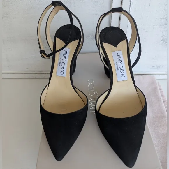 Jimmy Choo Suede Leather Black Heels with Gold Accents