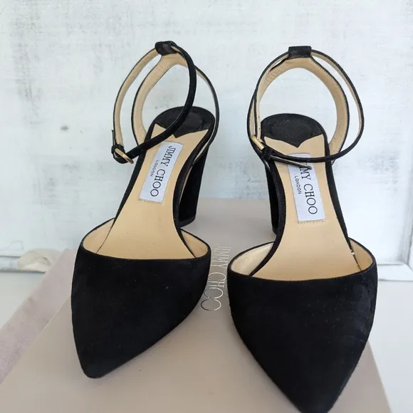 Jimmy Choo Suede Leather Black Heels with Gold Accents