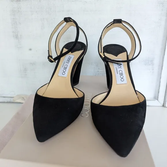 Jimmy Choo Suede Leather Black Heels with Gold Accents